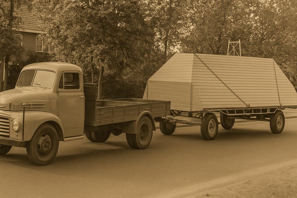 De Spijkstaal mobiele muziektent op aanhanger met vrachtwagen.